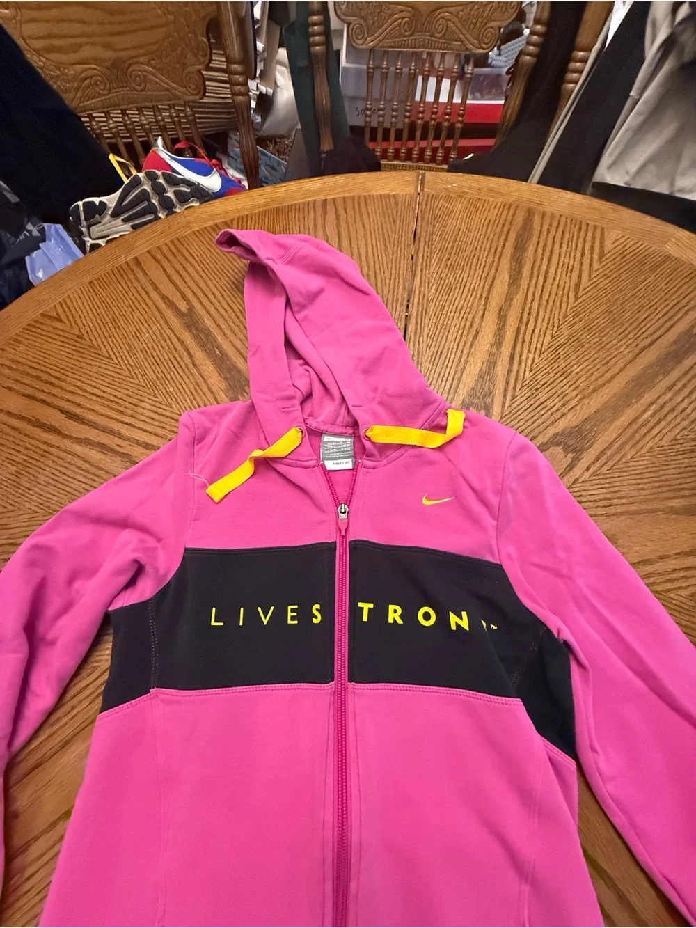 Nike Kids' Pink Hooded Zip Jacket with Black Panel and Yellow Accents